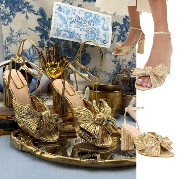 🆕 LOEFFLER RANDALL 🧿 NWOB Camellia Pleated Bow Heels, Metallic Gold Lamé, Sz 7 - Picture 1 of 16
